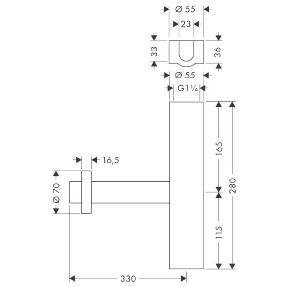 Schematische Darstellung eines Designsiphons von AXOR mit verschiedenen Maßen und spezifischen Details zur Installation, aus metallischem Material gefertigt.